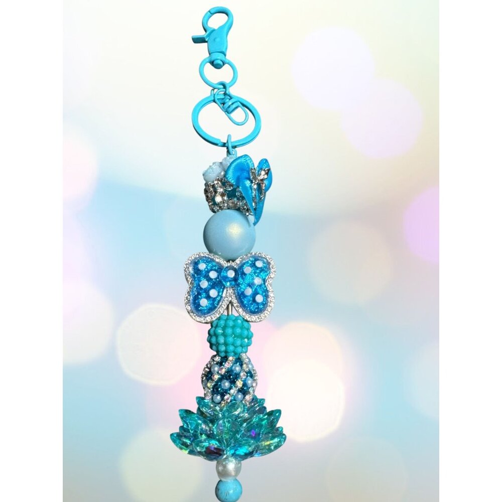 Blue Butterfly Bead Keychain With Rhinestones & Crystal Lotus Charm For Bags Or